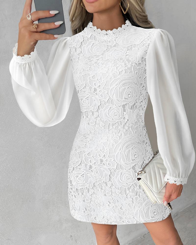 Chiffon Lace Patch Long Sleeve Casual Dress, Casual Dresses, chicme - Women's Fashion Online
