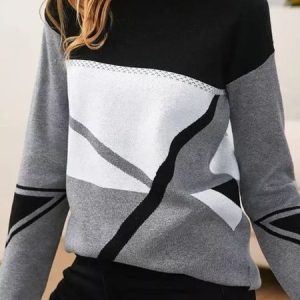 Women Yarn/Wool Yarn Geometric Long Sleeve Comfy Casual Sweater, Sweaters, color:Black|size:XXL, Noracora
