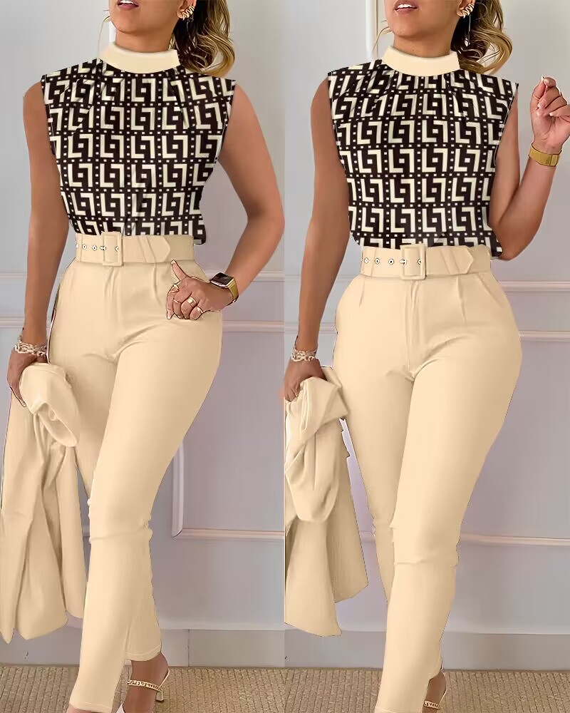 Geometric Print Ruched Top & Pants Set With Belt, Two-piece Sets, chicme - Women's Fashion Online