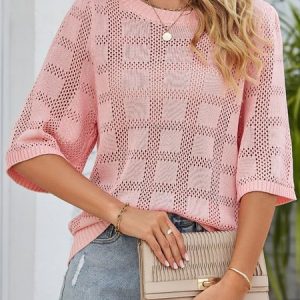 Crew Neck Short Sleeve Plain Regular Micro-Elasticity Loose Shirt For Women, Blouses, color:Pink|size:XL, Noracora