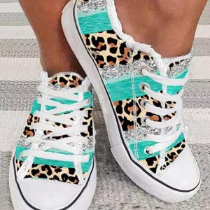 Contrast Leopard Print Frayed Canvas Sneakers, Sneakers, chicme - Women's Fashion Online
