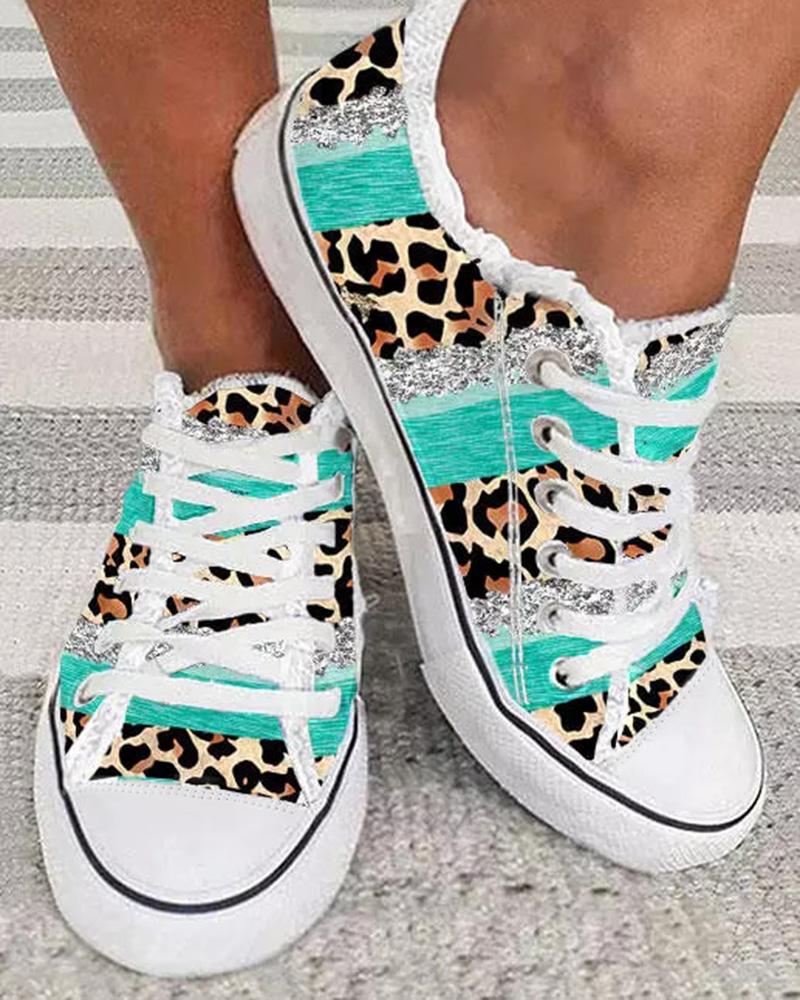 Contrast Leopard Print Frayed Canvas Sneakers, Sneakers, chicme - Women's Fashion Online