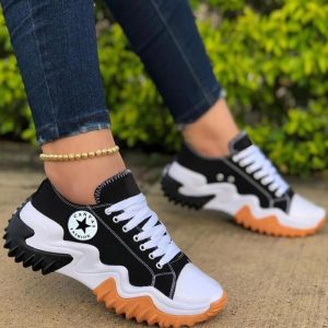 Eyelet Lace-up Contrast Paneled Muffin Sneakers, Sneakers, chicme - Women's Fashion Online