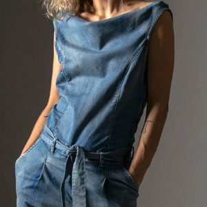 Urban Sleeveless Regular Fit Denim Top, Linen Tops, color:Denim Blue|size:XXL, Stylewe