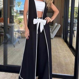 Tied Detail Contrast Binding Longline Coat & Wide Leg Pants Set, Two-piece Sets, chicme - Women's Fashion Online