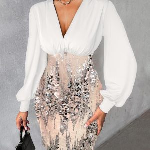Plunge Contrast Sequin Party Dress, Party Dresses, chicme - Women's Fashion Online