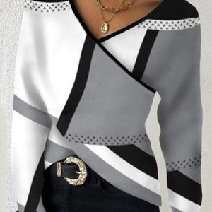 Cross Urban V Neck Geometric Regular Fit Shirt, Blouses and Shirts, color:Gray|size:XXL, Stylewe