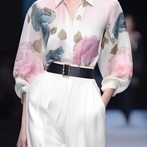 Daily Floral Shirt Collar Urban Regular Fit Blouse, Blouses and Shirts, color:White|size:XXL, Stylewe