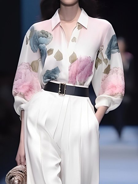 Daily Floral Shirt Collar Urban Regular Fit Blouse, Blouses and Shirts, color:White|size:XXL, Stylewe