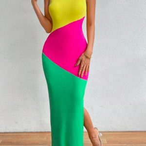 Regular Fit Sleeveless Color Block Vacation Maxi Dress, Maxi Dresses, color:As Picture|size:XXL, Stylewe