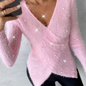 Pearls Decor Overlap Asymmetrical Fuzzy Top, T-shirt & Tees, chicme - Women's Fashion Online