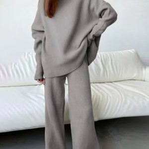 Women Plain Turtleneck Long Sleeve Comfy Casual Top With Pants Two-Piece Set, Sets, color:Gray|size:5XL, Noracora