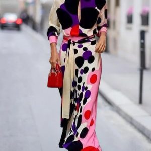 Polka Dots Regular Fit Crew Neck Elegant Midi Dress With Belt, Maxi Dresses, color:As Picture|size:XXL, Stylewe