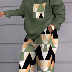 Loose Crew Neck Geometric Casual T-Shirt, Tees, color:Green|size:XXL, Stylewe