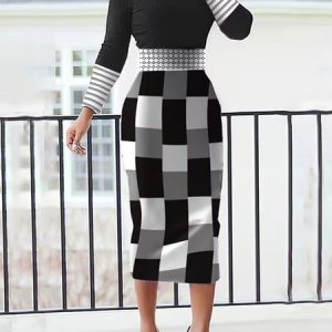 Elegant Plaid Regular Fit Long Sleeve Turtleneck Dress, Midi Dresses, color:Black|size:XXL, Stylewe