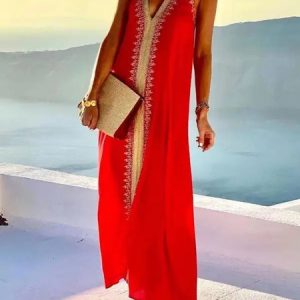 Women Color Block V Neck Long Sleeve Comfy Casual Maxi Dress, Dresses, color:Red|size:XXL, Noracora