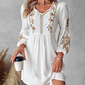 Floral Embroidery Tied Detail Casual Dress, Casual Dresses, chicme - Women's Fashion Online