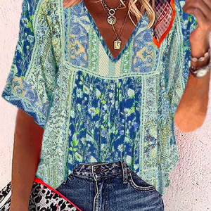 Boho Casual Half Sleeve Top, Blouses, color:Blue|size:3XL, Noracora