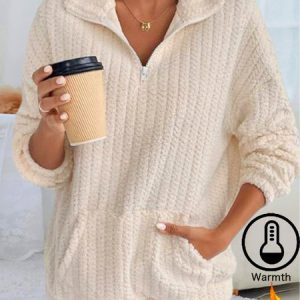 Casual Shawl Collar Plain Sweatshirt Jacquard, Hoodies & Sweatshirts, color:Apricot|size:XXL, Noracora