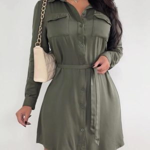 Buttoned Tied Detail Long Sleeve Shirt Dress, Shirt Dresses, chicme - Women's Fashion Online