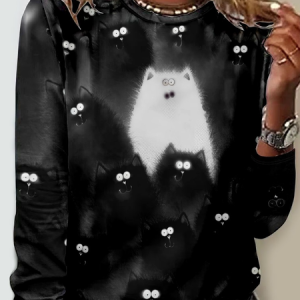 Casual Funny Cat Crew Neck Long Sleeve Shirt, Long sleeves, Lilicloth.com