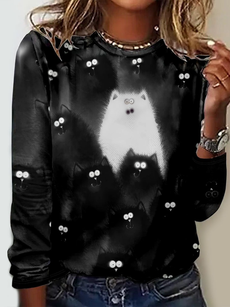 Casual Funny Cat Crew Neck Long Sleeve Shirt, Long sleeves, Lilicloth.com