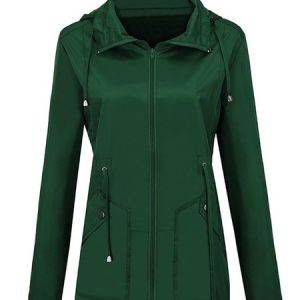 Hoodie Long Sleeve Plain Zipper Regular Micro-Elasticity Loose Hooded Trench Coat For Women, Trench coat, color:Dark Green|size:3XL, Noracora