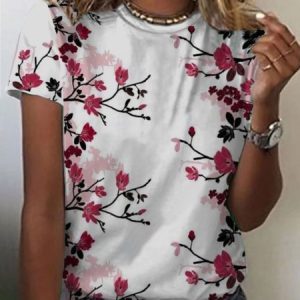 Casual Short Sleeve Round Neck Printed T-shirt, T-shirts, color:Rose|size:XXL, Noracora