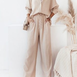 Women Plain Shirt Collar Long Sleeve Comfy Casual Top With Pants Two-Piece Set, Sets, color:Apricot|size:3XL, Noracora
