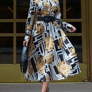 Shirt Collar Abstract Urban Long Sleeve Midi Dress With Belt, Midi Dresses, color:As Picture|size:XXL, Stylewe