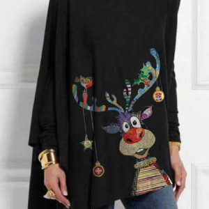 Crew Neck Long Sleeve Christmas Regular Micro-Elasticity Loose TUNIC Shirt For Women, Blouses, color:Black|size:XXL, Noracora