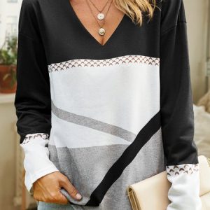 Women Color Block Autumn Casual Polyester V neck Daily Long sleeve H-Line Regular Sweatshirt, Hoodies & Sweatshirts, color:Black-grey|size:XXL, Noracora