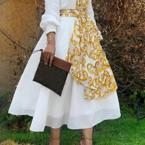 Stand Collar Urban Regular Fit Dress With Belt, Midi Dresses, color:White|size:XXL, Stylewe