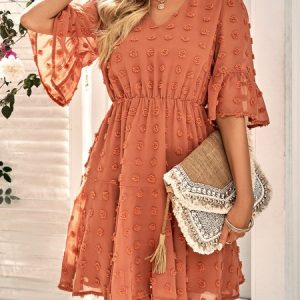 Women Plain V Neck Half Sleeve Comfy Casual Mesh Short Dress, Dresses, color:Orange|size:XL, Noracora