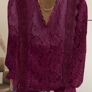 V Neck Long Sleeve Plain Regular Regular Fit Shirt For Women, Blouses, color:Red|size:XXL, Noracora