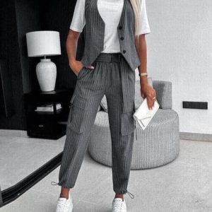 Striped Asymmetrical Vest Top & Cuffed Pants Set, Two-piece Sets, chicme - Women's Fashion Online