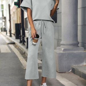 Women Plain Crew Neck Short Sleeve Comfy Casual Top With Pants Two-Piece Set, Sets, color:Light Gray|size:XL, Noracora