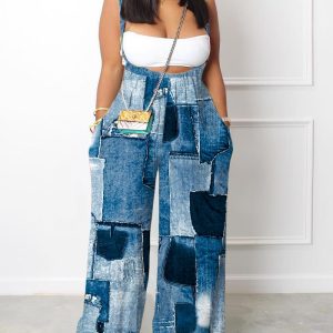 Denim Look Print Wide Leg Suspender Jumpsuit, Jumpsuits, chicme - Women's Fashion Online