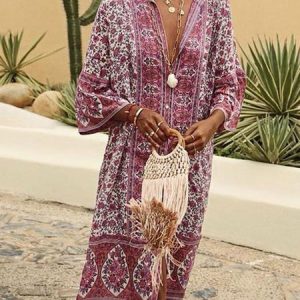 Women Vintage Boho V Neck Summer Dress, Midi, color:Rose Red|size:5XL, Noracora