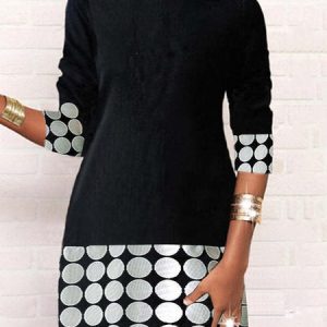 Women Geometric Crew Neck Long Sleeve Comfy Casual Short Dress, Dresses, color:White|size:3XL, Noracora