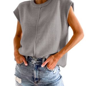 Women Yarn/Wool Yarn Plain Cap Sleeve Comfy Casual Sweater, Blouses, color:Gray|size:XL, Noracora