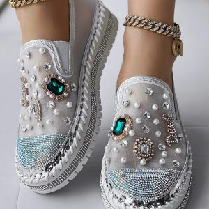 Pearls Rhinestone Decor Muffin Loafers, Slip-on, chicme - Women's Fashion Online