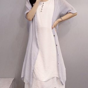 Casual Crew Neck Two Piece Buttoned Casual Dress, Midi, color:Light Gray|size:4XL, Noracora
