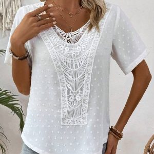V Neck Short Sleeve Plain Lace Regular Loose Shirt For Women, Blouses, color:White|size:XXL, Noracora