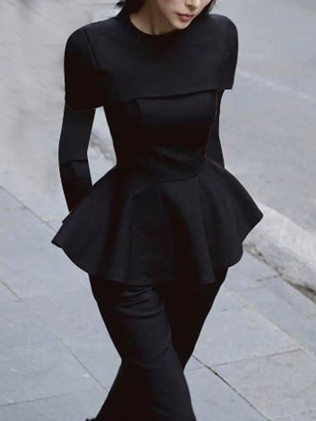 Regular Fit Urban Plain Crew Neck Long sleeve Blouse, Blouses and Shirts, color:Black|size:XXL, Stylewe