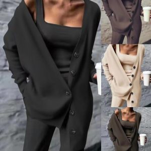 Tank Top & Pants Set With Buttoned Cardigan, Two-piece Sets, chicme - Women's Fashion Online