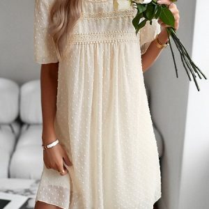 Women Plain Crew Neck Short Sleeve Comfy Casual Lace Midi Dress, Dresses, color:Apricot|size:XL, Noracora