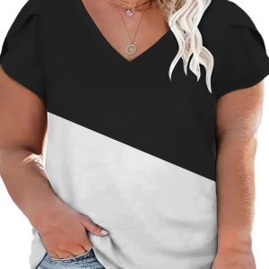 Plus Size Colorblock Petal Sleeve V-Neck T-Shirt, T-shirt(plus), chicme - Women's Fashion Online