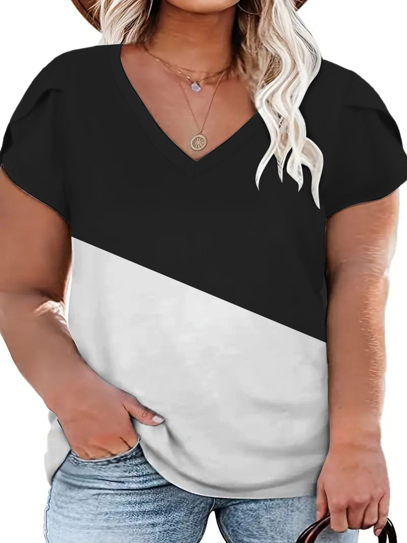 Plus Size Colorblock Petal Sleeve V-Neck T-Shirt, T-shirt(plus), chicme - Women's Fashion Online