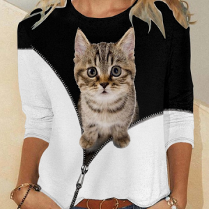 Funny Cat Casual Crew Neck Animal Long Sleeve Shirt, Long sleeves, Lilicloth.com